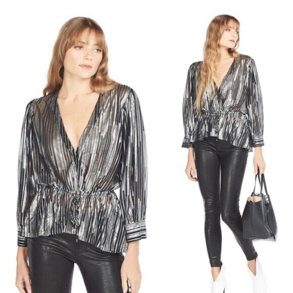 IRO Darla Black Silver Metallic V-Neck Shirt Blouse